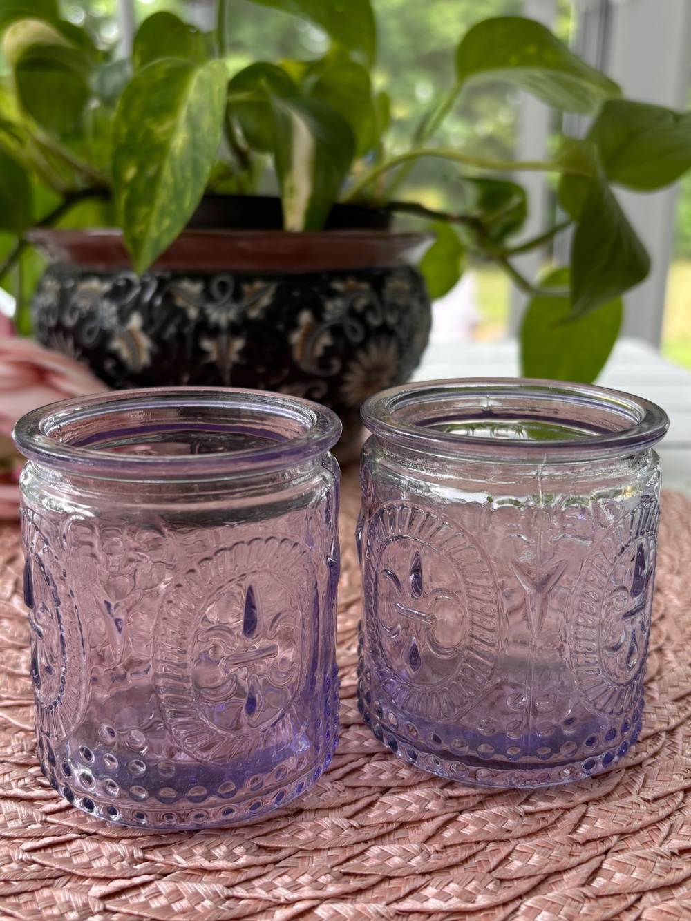 Light Purple Embossed Glass Votive Holders (Set of 2)